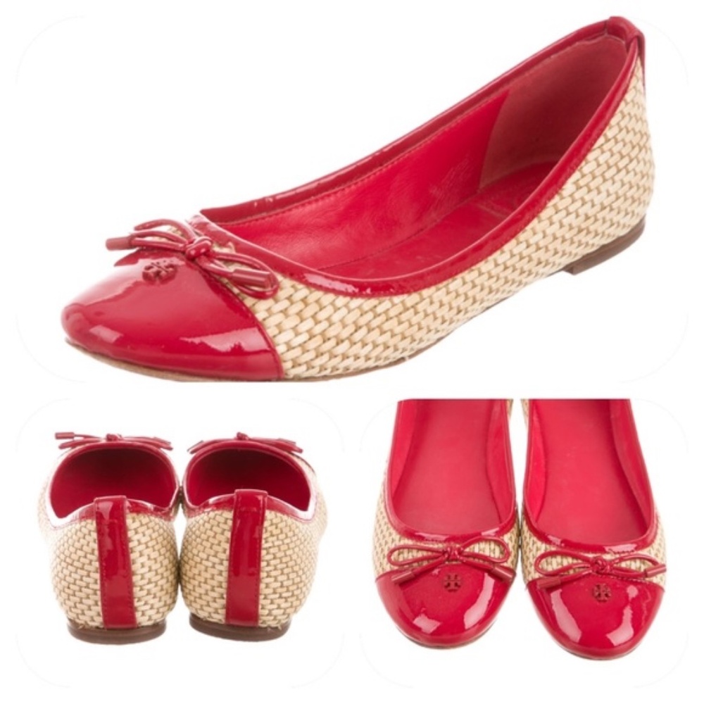 Tory Burch Red & Raffia Cap Toe Catherine Flats